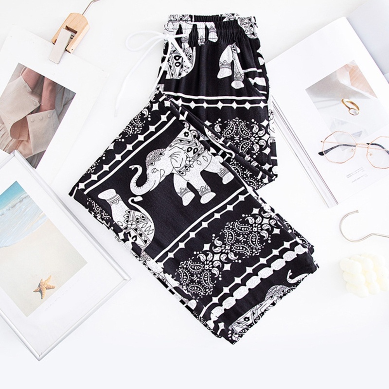 Quần Palazzo Ống Rộng Lưng Thun Rút Dây In Họa Tiết Voi Phong Cách Bohemian Dành Cho Nữ