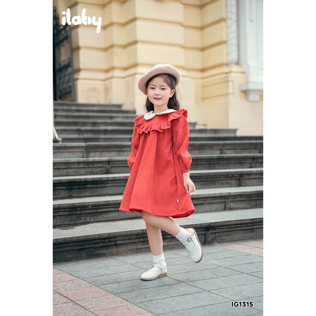 Váy nhung bé gái ILABY cổ phối can bèo chất liệu nhung tăm mềm mại cho bé 10-35kg