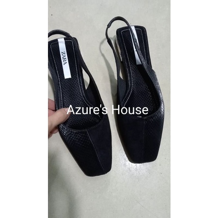 Giày Xăng đan đen nữ mũi vuông trendy , slingbacks zara đế bằng hở gót, da giả vân rắn