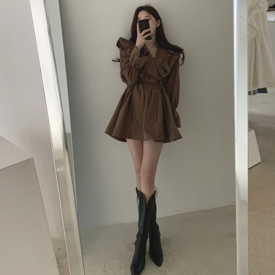 Đầm maxi Tay Dài Cổ Chữ V Màu Tím Phong Cách retro Mùa Thu Mới