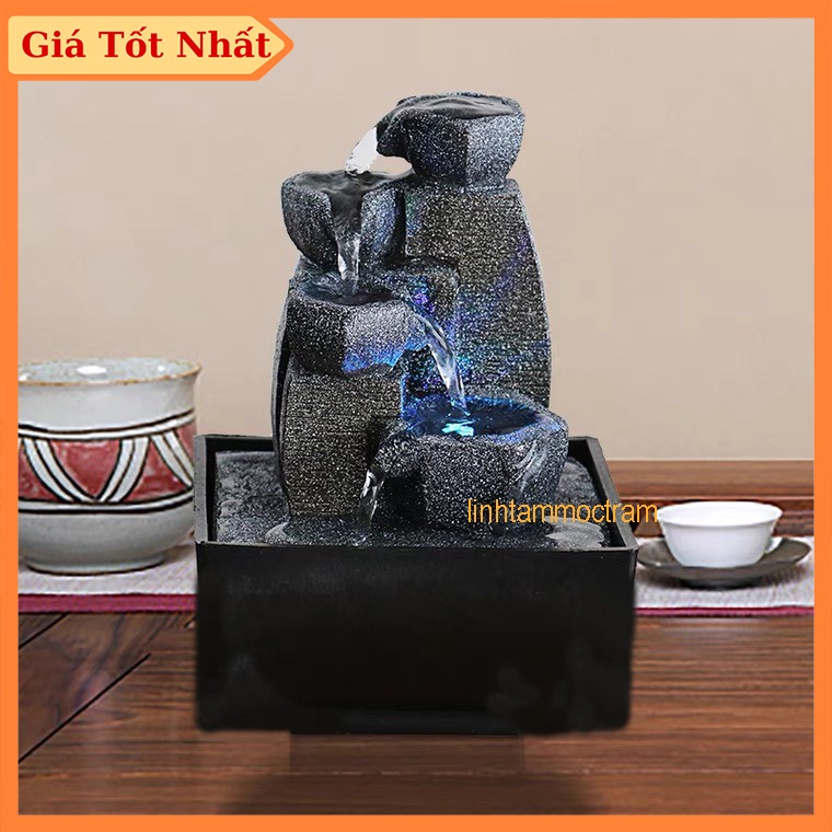 Thác nước phong thủy cối đá bốn tầng tài lộc (tặng kèm bơm mini)