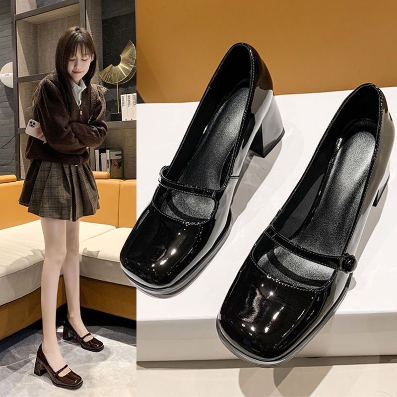 Giày cao gót mary jane đế vintage da bóng, cao 6cm