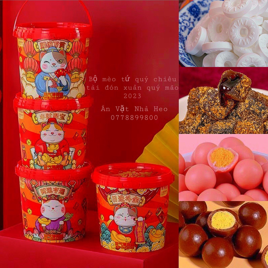 Bộ mèo tứ quý chiêu tài đón xuân quý mão 2023, tương ứng 4 vị, xô kẹo socola,xô kẹo socola dâu kẹo trái cây the mát, kẹo