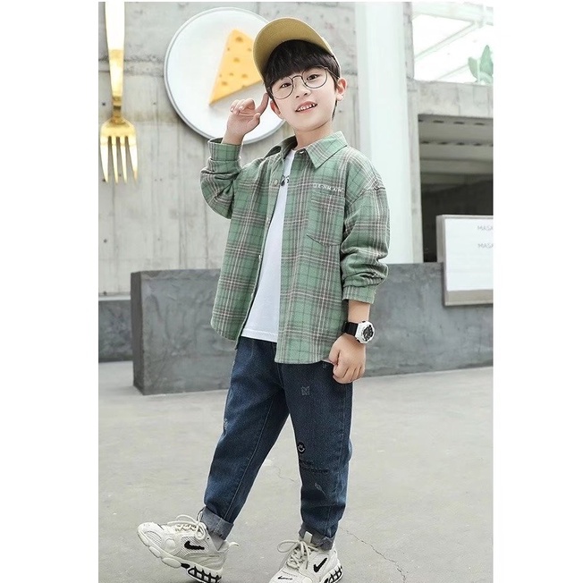 Áo sơ mi BXPB tay dài dáng rộng thoải mái thời trang cho bé trai 3-15 tuổi