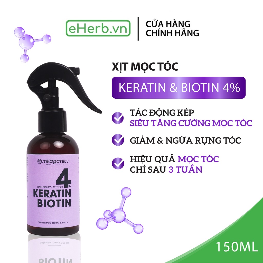 Xịt dưỡng tóc biotin &amp; keratin hỗ trợ phục hồi tóc và tác động kép tăng cường mọc tóc MILAGANICS 150ml (chai)