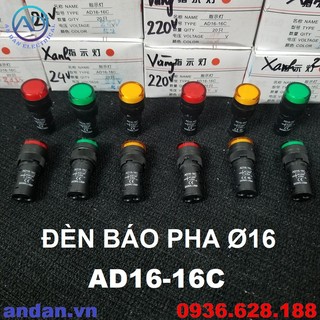 Đèn báo nguồn led phi 16mm ad16-16c , đèn báo pha ac 220v, ac/dc 24v