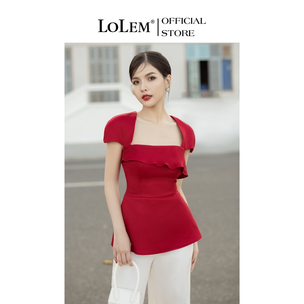 Áo peplum LOLEM AK1291 cổ vuông phối bèo vải linen thoáng mát