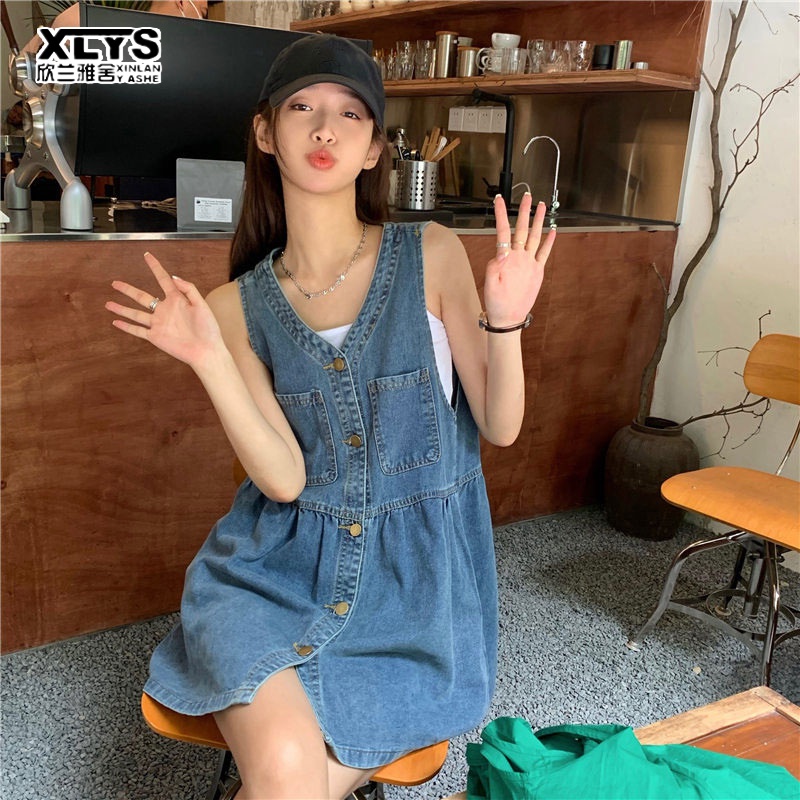 Đầm denim XINLANYASHE sát nách dáng rộng ngắn phong cách Hàn Quốc đơn giản thời trang mùa hè dành cho nữ