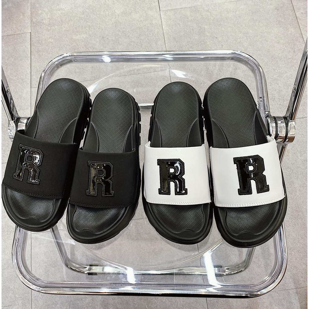 Dép Chữ R nam nữ quai ngang Logo thêu Unisex đế đúc bánh mì cao nhiều màu full tem mác - Màu R ĐEN