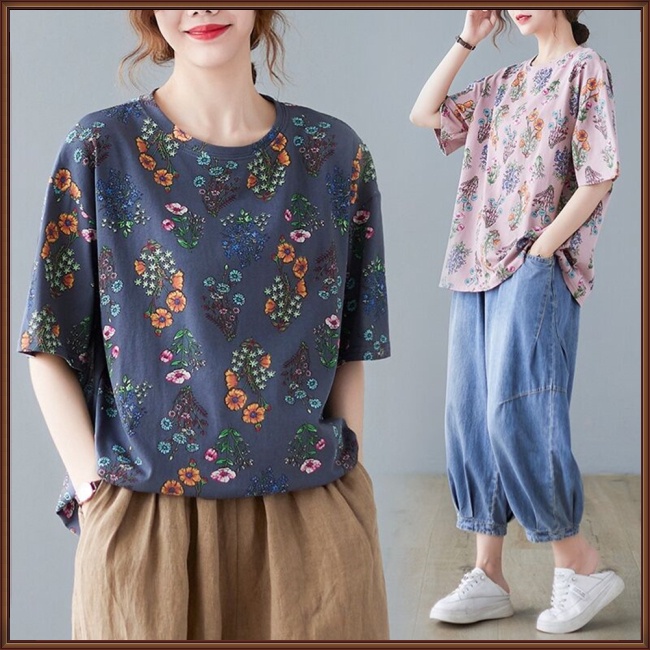 Áo Thun Tay Ngắn Cổ Tròn In Hình Hoa Dành Cho Nữ Plus Size