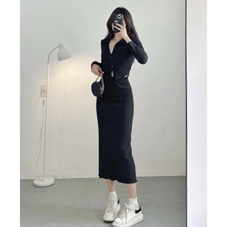 SET ÁO ĐEN CỔ VEST CHÂN VÁY DÀI