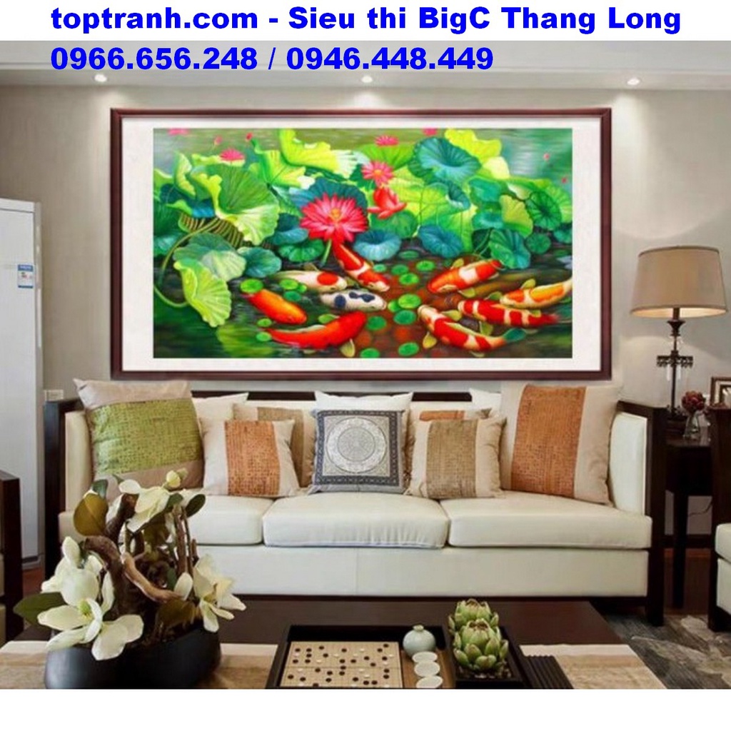 Tranh thêu chữ thập 9 con cá chép hoa sen thêu kín H2164 chưa theu