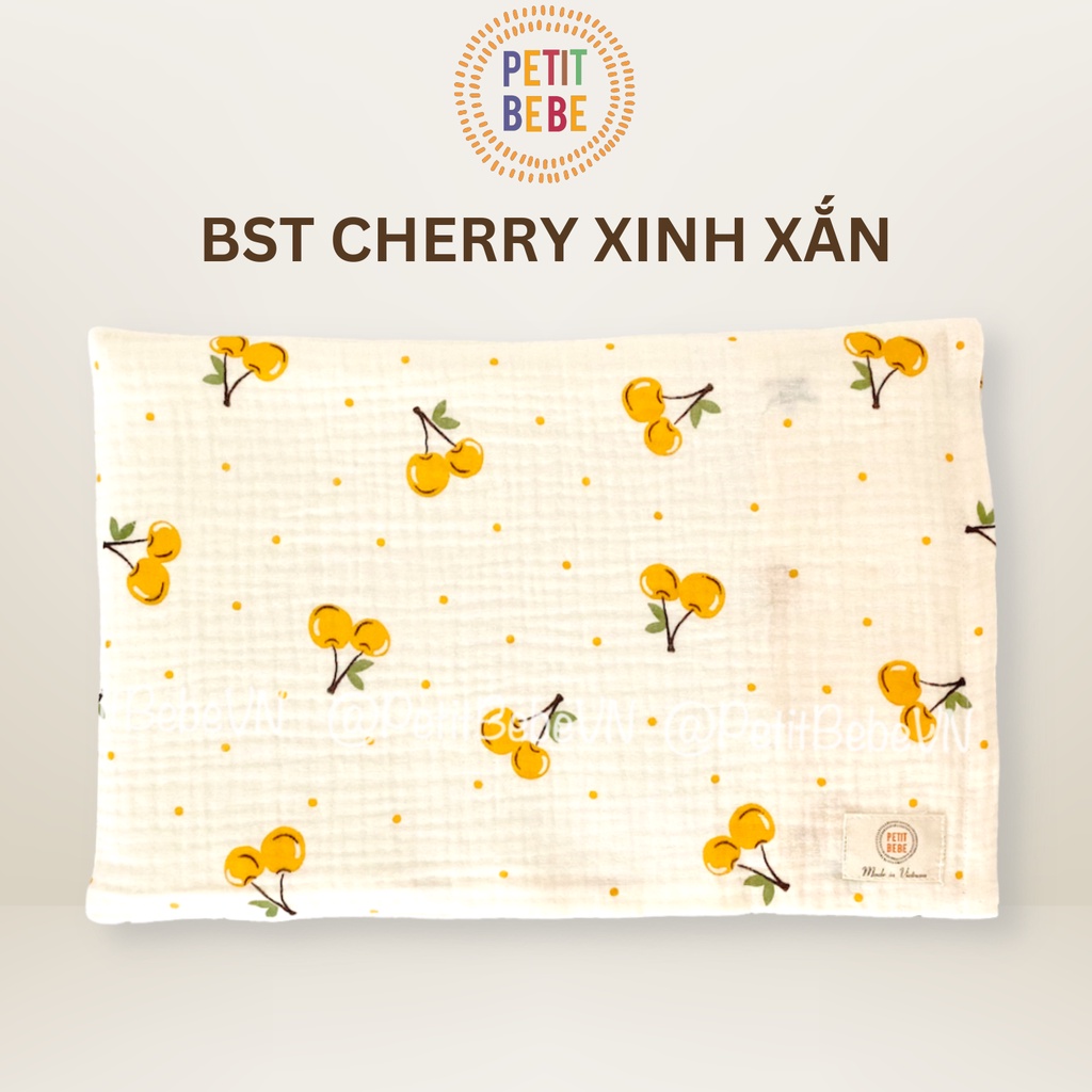 Gối mỏng lót đầu bé sơ sinh PETIT BEBE muslin thấm hút thoáng khí hoạ tiết cherry xinh xắn