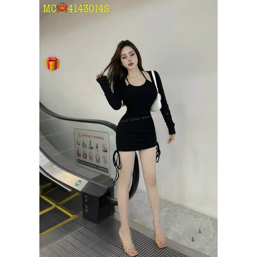 Đầm body rút dây 2 bên hông dáng tay dài trong cổ yếm phối khoét vai sexy