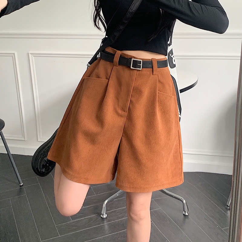 Quần short SUXI nhung kẻ lưng cao dáng rộng thời trang mùa thu cho nữ