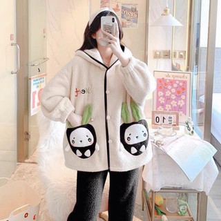 Bộ đồ nữ lông thỏ mũ rộng phối túi chữ thêu cute Bộ mặc nhà mùa đông