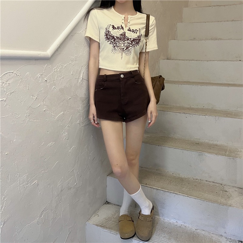 IELGY      Áo Thun Ngắn Cổ Chữ v Dáng Ôm In Họa Tiết Thời Trang Cho Nữ