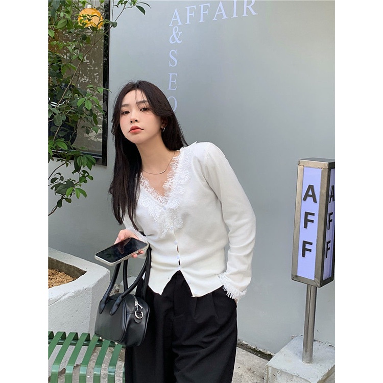 COZOK Áo sweater Tay Dài Dáng Rộng Phối Ren Thời Trang