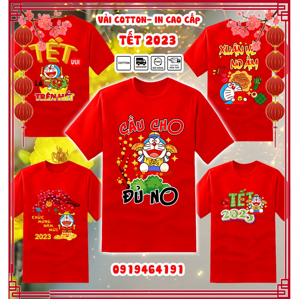 Áo thun doraemon tết quý mão 2023 màu đỏ, áo thun tết con mèo doraemon, vải dày mịn mát, in cao cấp - Có size trẻ em