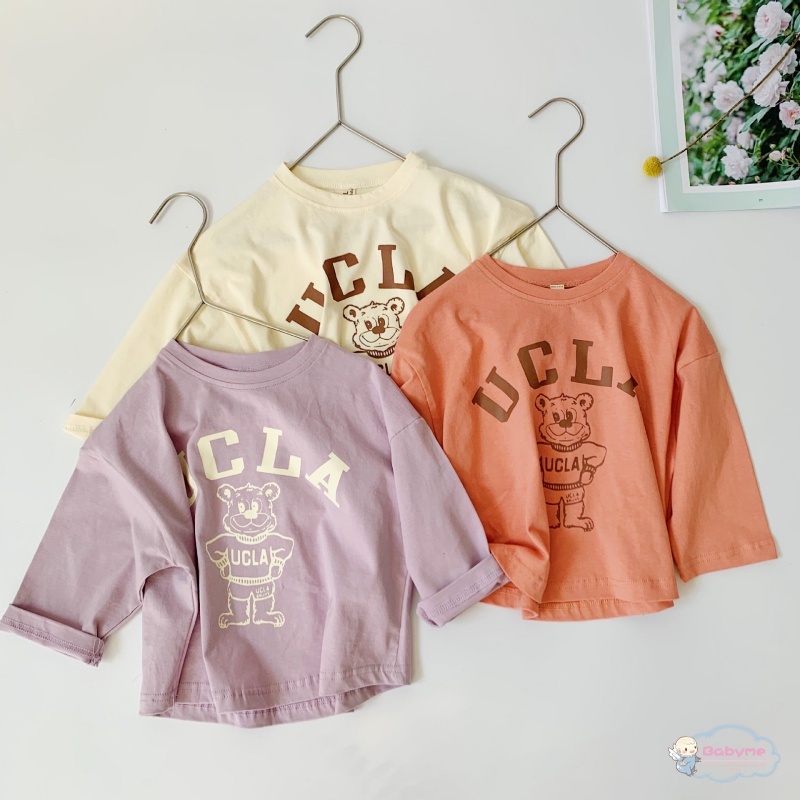 Áo Thun Dài Tay Cổ Tròn Màu Trơn In Họa Tiết Hoạt Hình Cho Bé Trai Và Gái