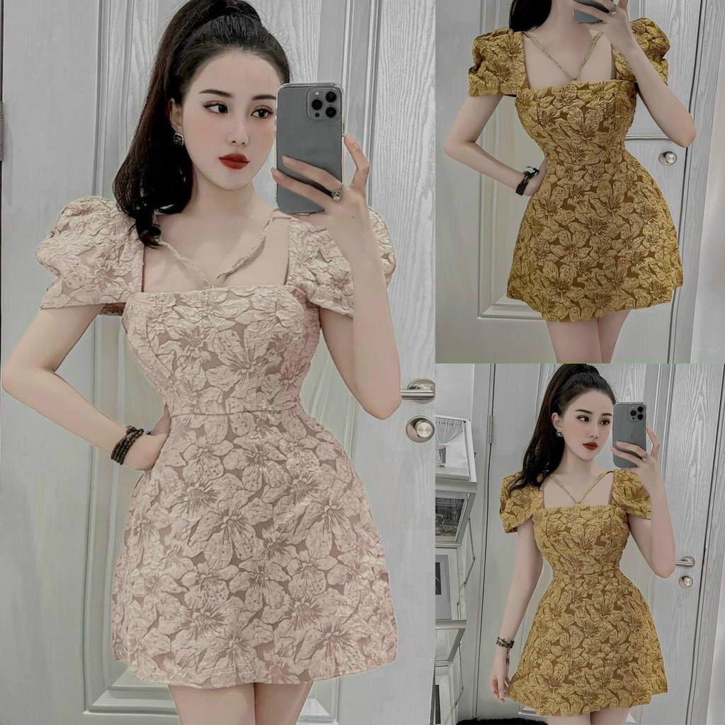 GKM_FREESHIP Đầm Váy Nữ Chất Liệu Gấm Tay Phồng Cổ Vuông Phối Dây Kéo Cao Ngực Thiết Kế nhẹ nhàng quyến rũ  LUNA DSS