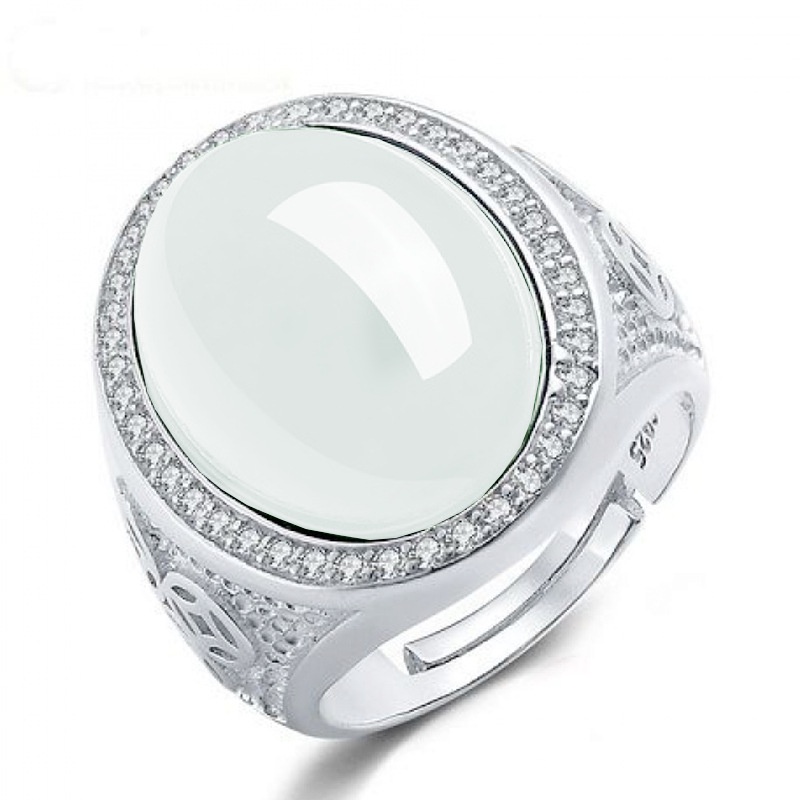 Nhẫn Bạc 925 Mặt Đá Ngọc Bích Hình Oval Lớn Dành Cho Nam