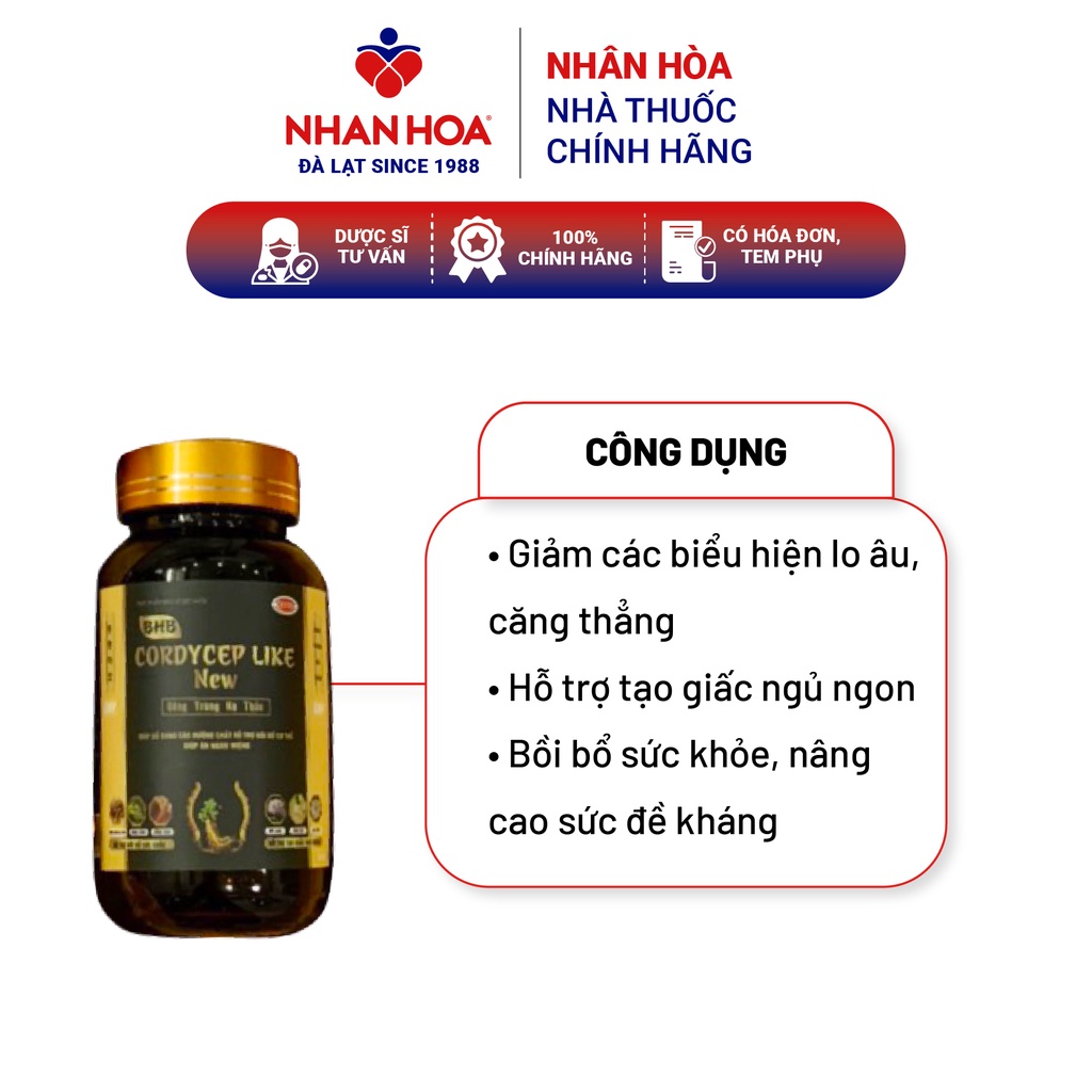 Đông trùng hạ thảo giảm căng thẳng bảo vệ sức khoẻ BHB Cordycep Like New hộp 60 viên