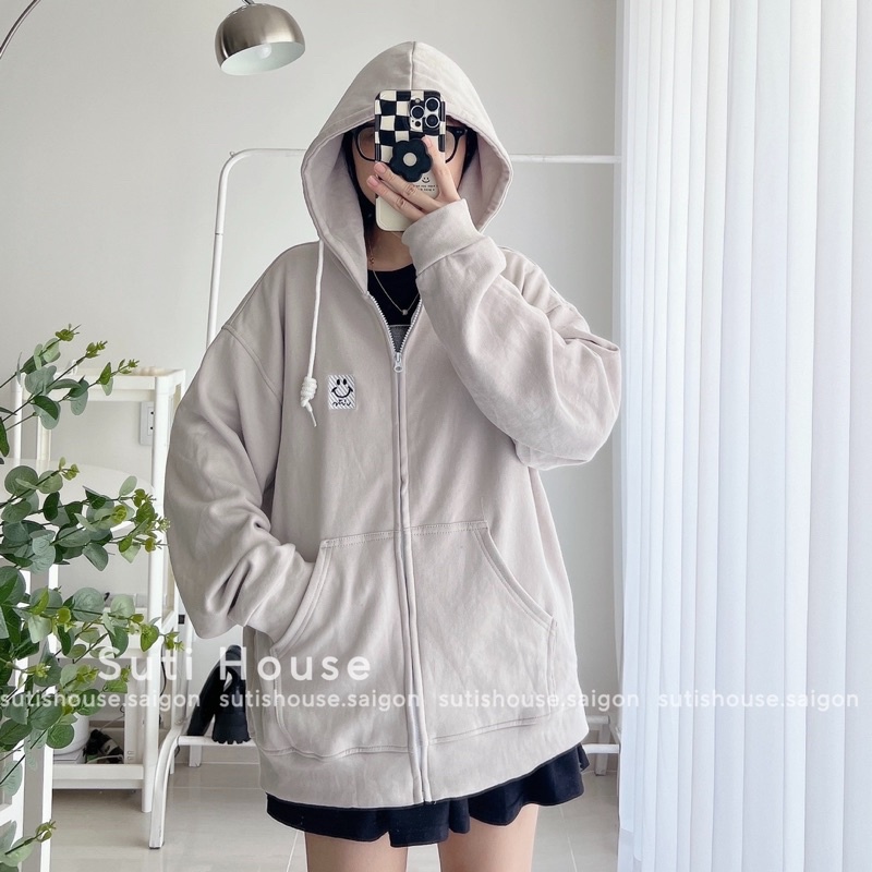 [ẢNH THẬT-CÓ SẴN] Áo Hoodie Zip Thêu icon Unisex Màu Tan Ghi và Tan Be Tay Bồng Form Rộng - Suti House | BigBuy360 - bigbuy360.vn