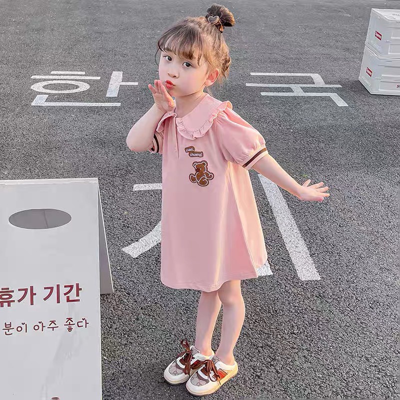 Váy cho bé gái cổ vai bèo cúc ngực hình gấu thêu xin sò chất váy polo cá sấu cực xinh cho gái yêu của MiuMiu SG007