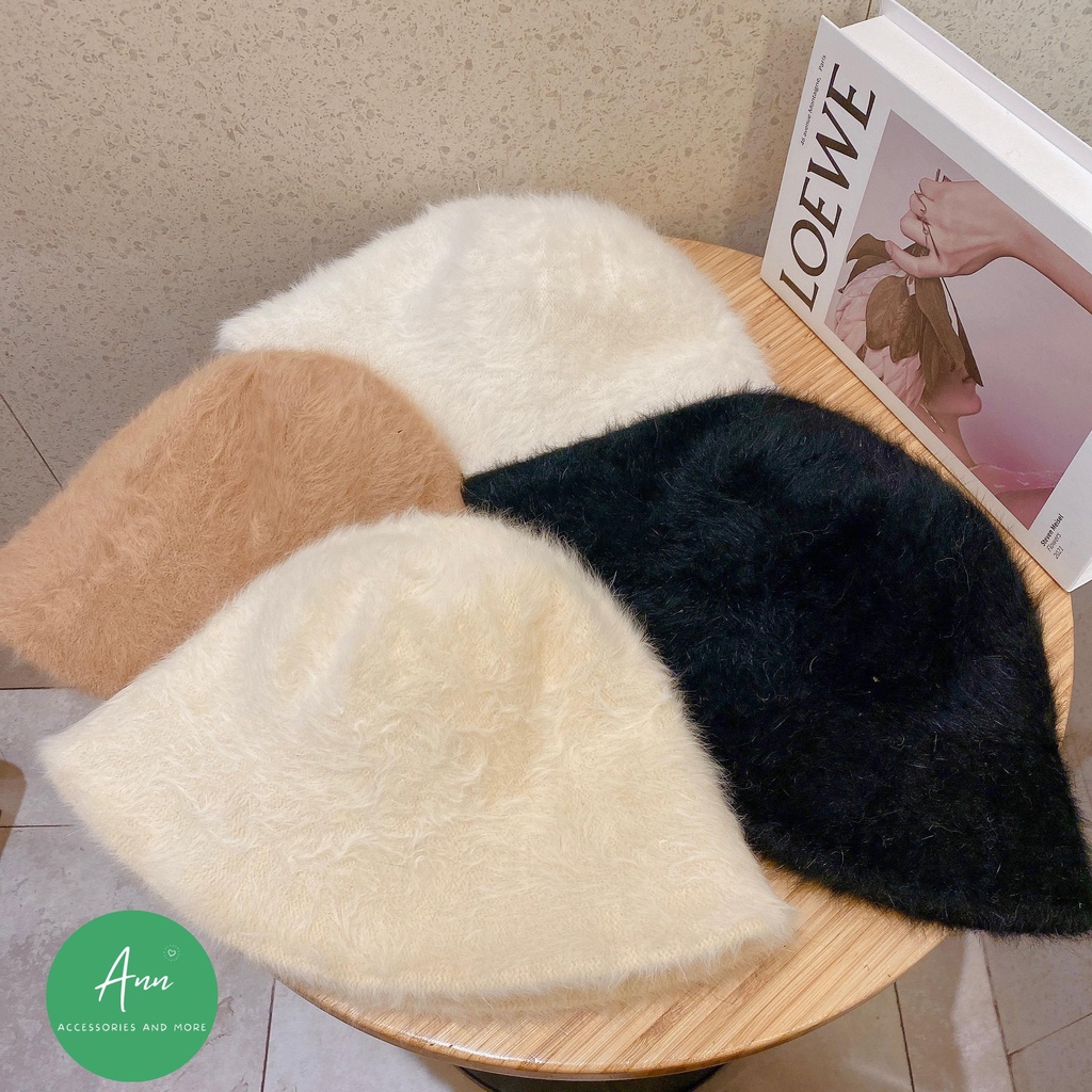 Mũ bucket vành cụp, mũ lông thỏ thiết kế phong cách Hàn Quốc, phom mũ chuẩn đẹp, sẵn 4 màu đen-trắng-kem-nâu nhạt