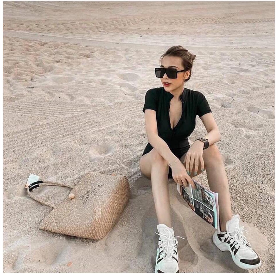 Bộ bikini liền thân dây kéo, đồ bơi 1 mảnh, bodysuit dây khóa kéo áo có tay dáng quần kín đáo EVALU STORE