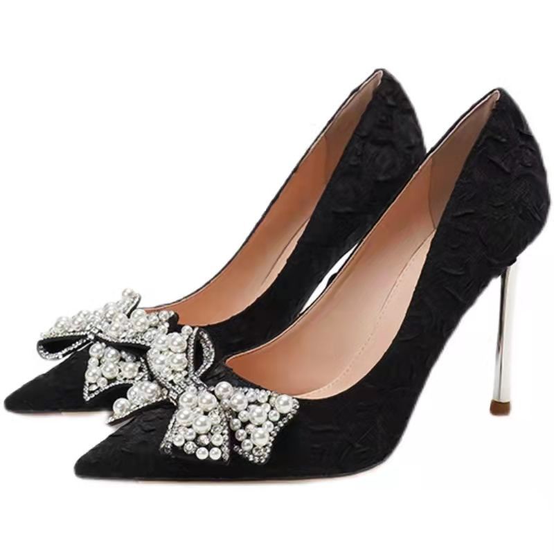 Giày Cao Gót Mũi Nhọn Màu Đen Đính Đá Trang Trí Sang Trọng Thời Trang Cho Nữ