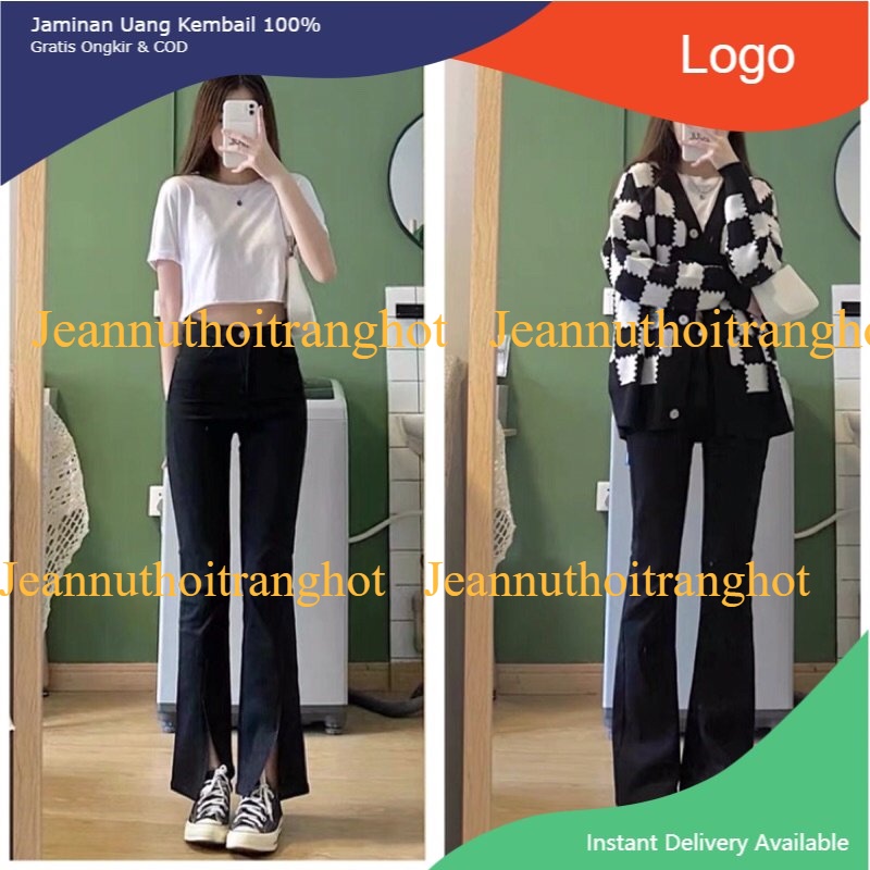 Quần bò jeans nữ ống loe rộng xuông đứng, jeans cạp cao xẻ gấu co dãn | BigBuy360 - bigbuy360.vn