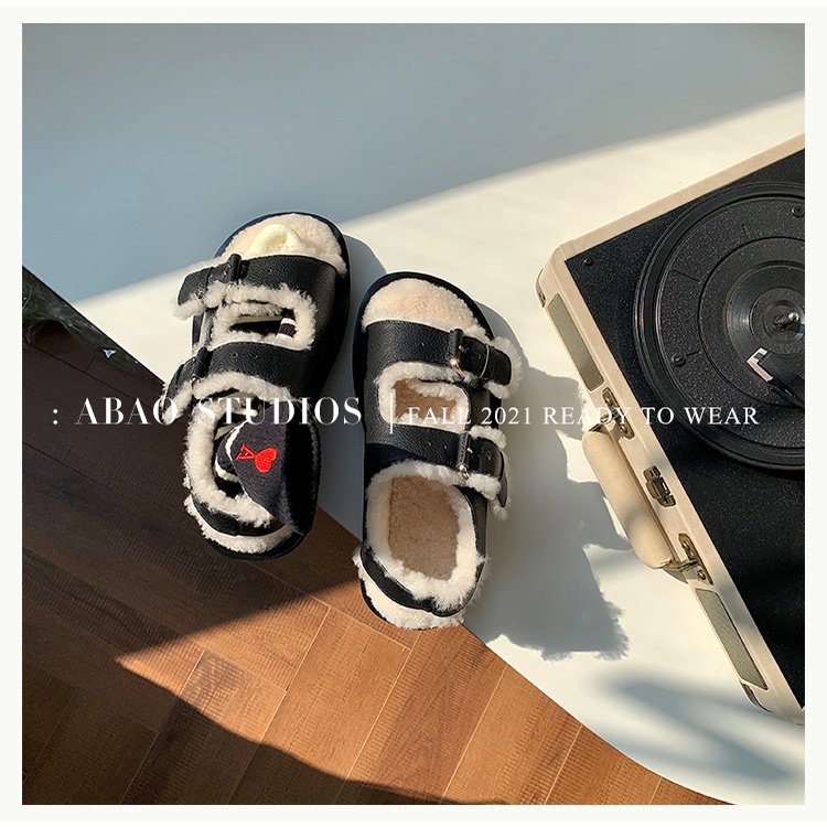 Giày sandal đế dày phối vải lông ấm áp thời trang thu đông dành cho nữ