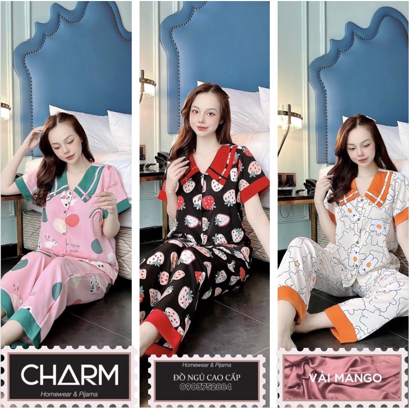 Bộ Ngủ Lụa Pijama Mango Cổ Một Lá Viền Xinh Xắn 40kg-60kg