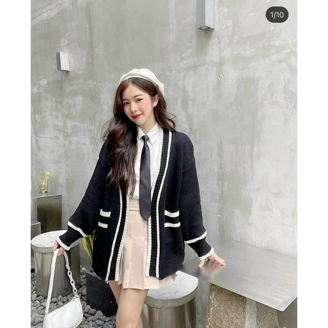Áo khoác cardigan nữ, cardigan nữ chất len dày dặn viền màu có túi ảnh thật shop chụp