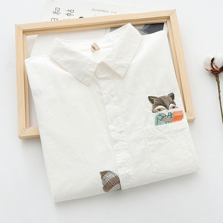 Áo Sơ Mi Tay Dài Chất Cotton Hoạ Tiết Sóc Thêu Size S-3Xl