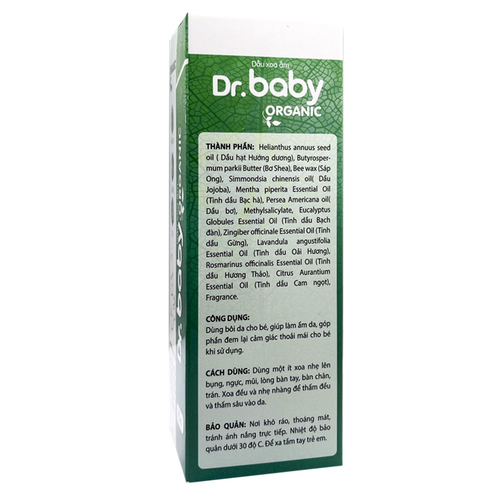 Dầu xoa ấm cho bé Dr Baby Organic giữ ấm cơ thể giảm ho nghẹt mũi phòng ngừa muỗi đốt côn trùng cắn 75ml chính hãng