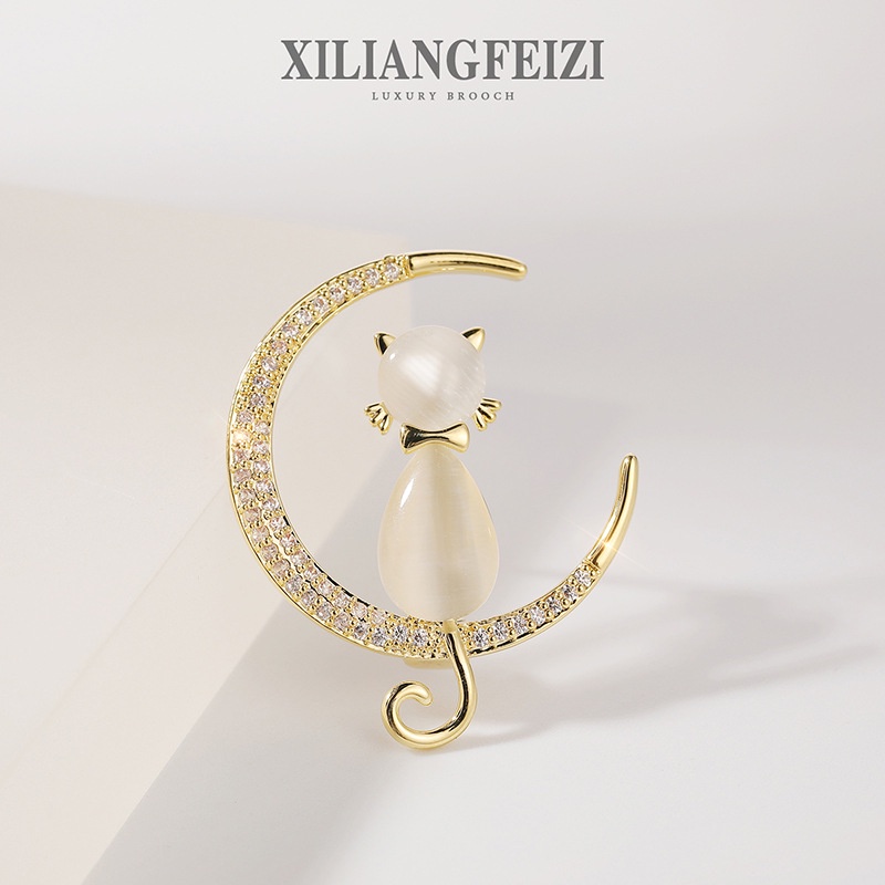 XILIANGFEIZI Trâm Cài Áo Hình Mèo Mặt Trăng Đính Đá Opal Dễ Thương, Trang Phục Trâm Cài Phụ Kiện Thời Trang