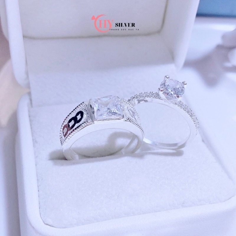 Nhẫn đôi bạc nữ CHY SILVER dày dặn đá vuông 4 chấu bạc ta