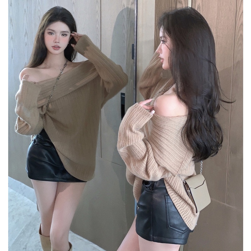 Áo Sweater Dệt Kim Trễ Vai Dáng Rộng Thời Trang Thu Đông Cho Nữ