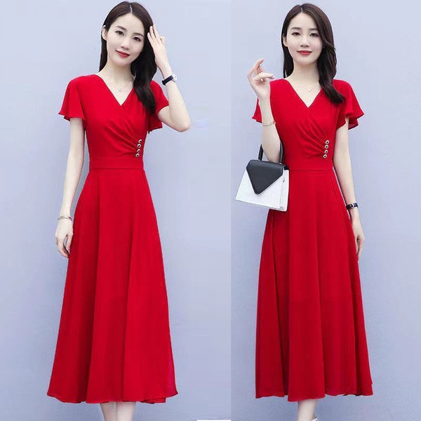 Đầm Dài Cổ Chữ V Nhấn Eo Thời Trang Mùa Hè 2022 Dành Cho Nữ
