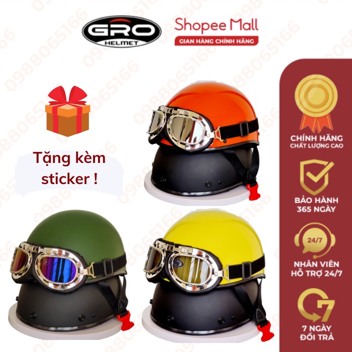 Mũ bảo hiểm phượt nửa đầu Amby Helmet trơn có kính UV, kính phi công cho học sinh sinh viên