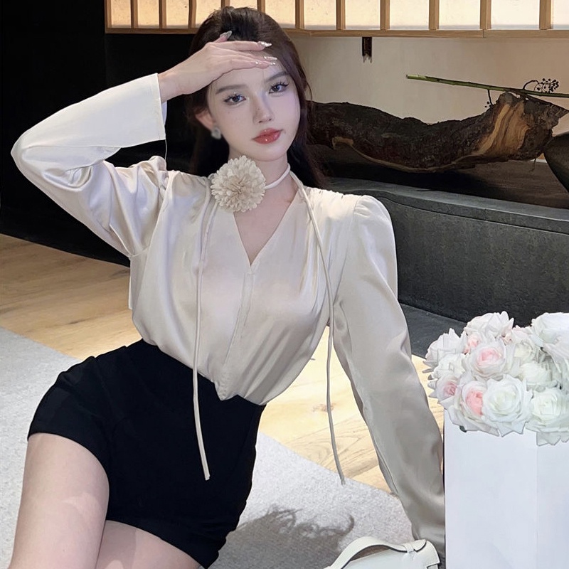 Áo Sơ Mi Nữ Tay Dài Cổ Chữ V Màu Trơn Thời Trang