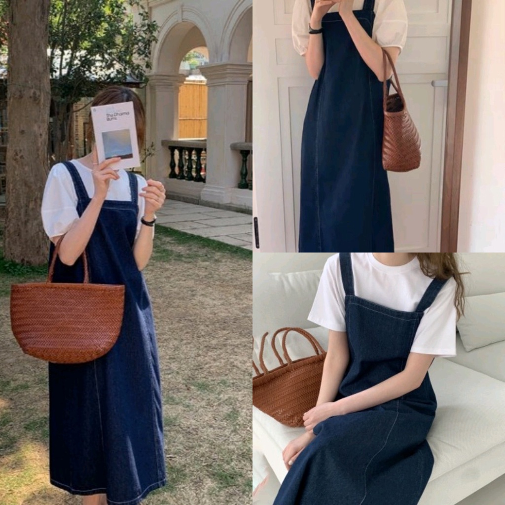 Váy Yếm Jean Dáng Dài Có Dây Buộc Eo Phong Cách Ulzzang, Labibi