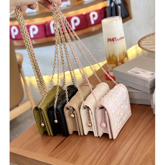 Ví mini da hạt dáng vuông kèm xích đeo chéo