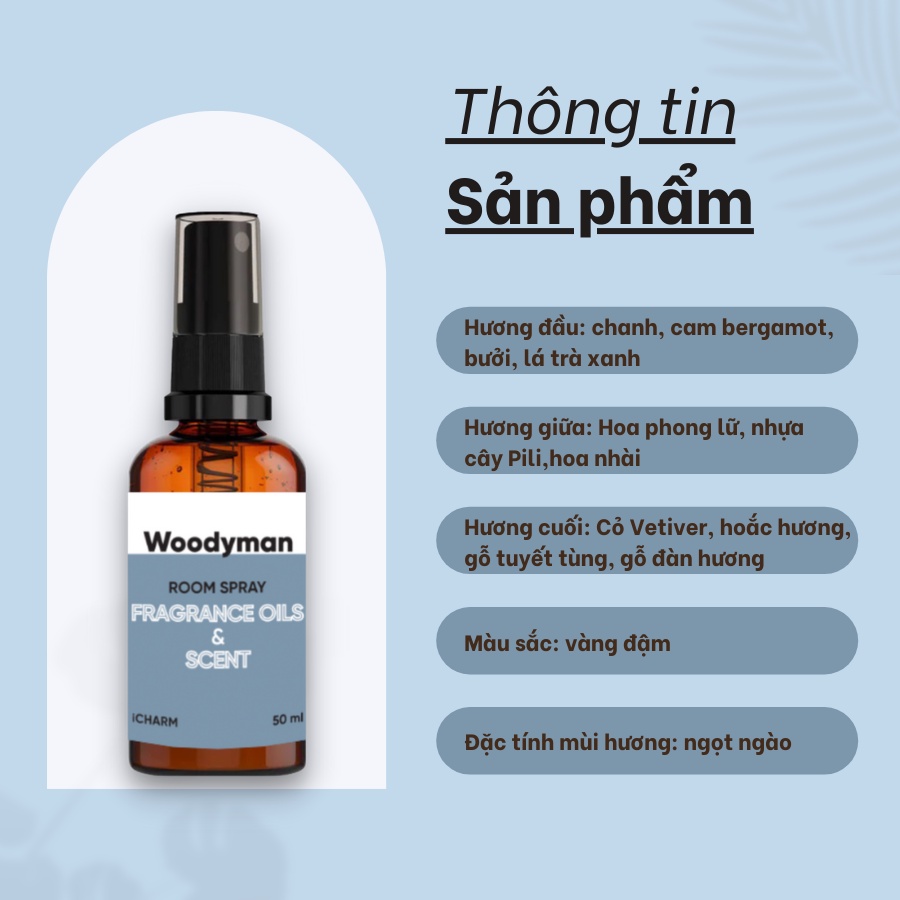 Xịt thơm phòng & quần áo hương nước hoa Woodyman sang trọng, khử mùi hôi, ẩm mốc, an toàn với da - iCHARM