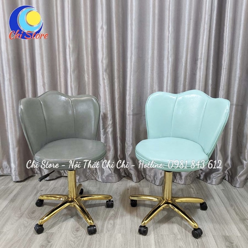 Ghế Ngồi Trang Điểm Tựa Sen Siêu Xinh Xoay 360 Độ, Ghế Livestream, Ngồi Văn Phòng Bọc Da Cao Cấp Bánh Xe Chân Vàng