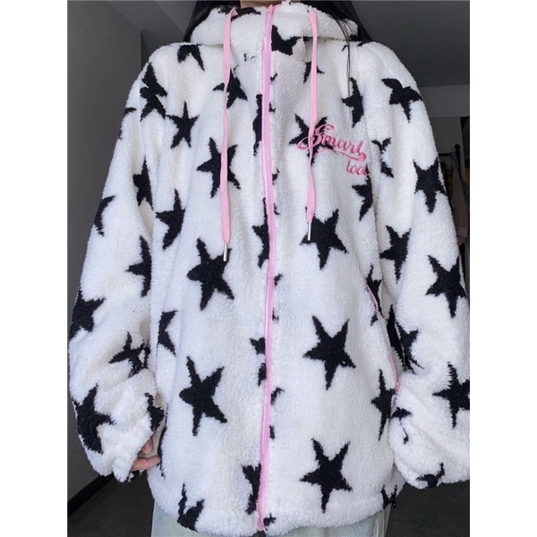 Áo khoác hoodie zip mặt bông hoạ tiết đầy sao Star mũ rộng phong cách Y2K FOOTMADE