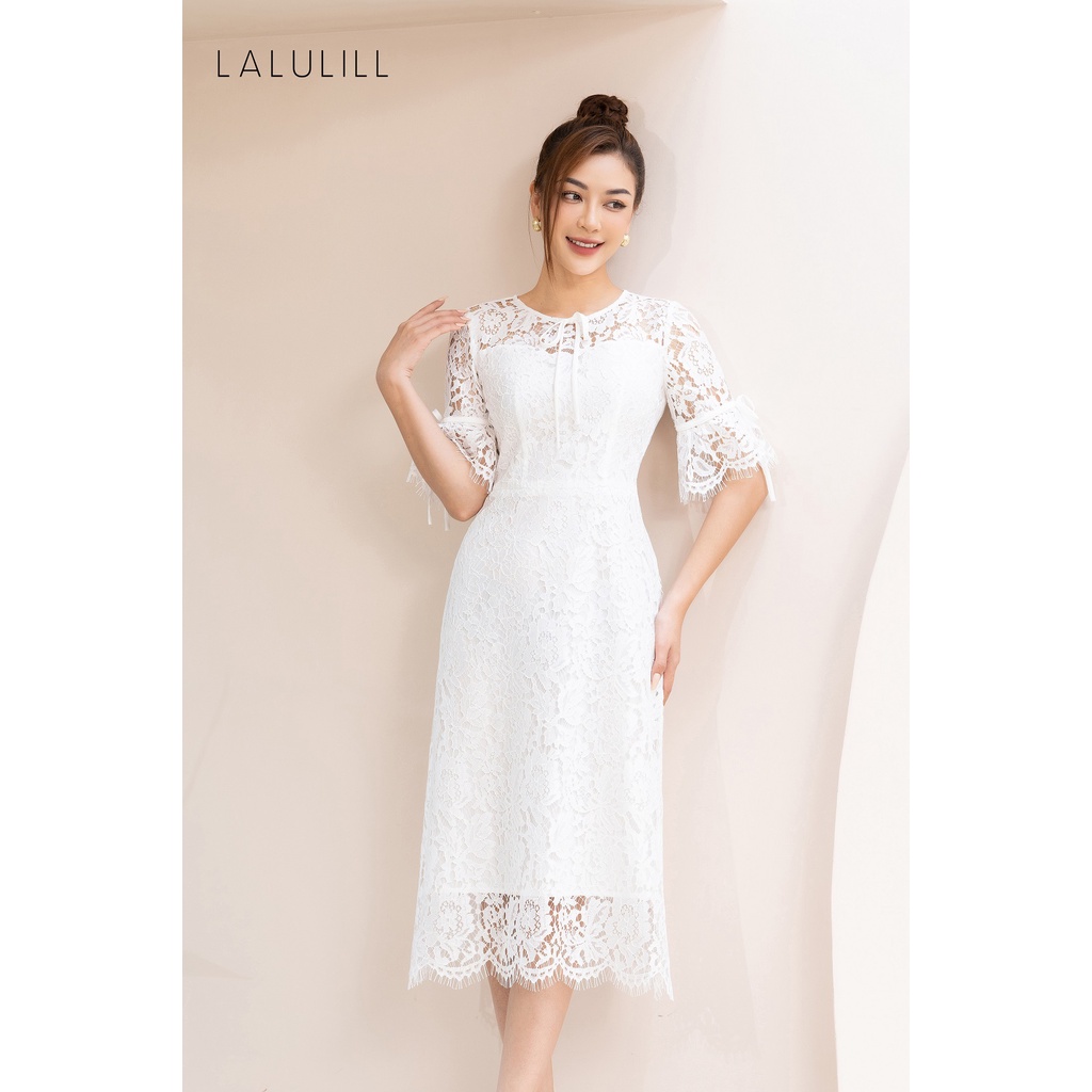 Đầm ren cao cấp dáng A cổ tròn phối thắt nơ Thời trang LALULILL có lót trong dày dặn LDL226190